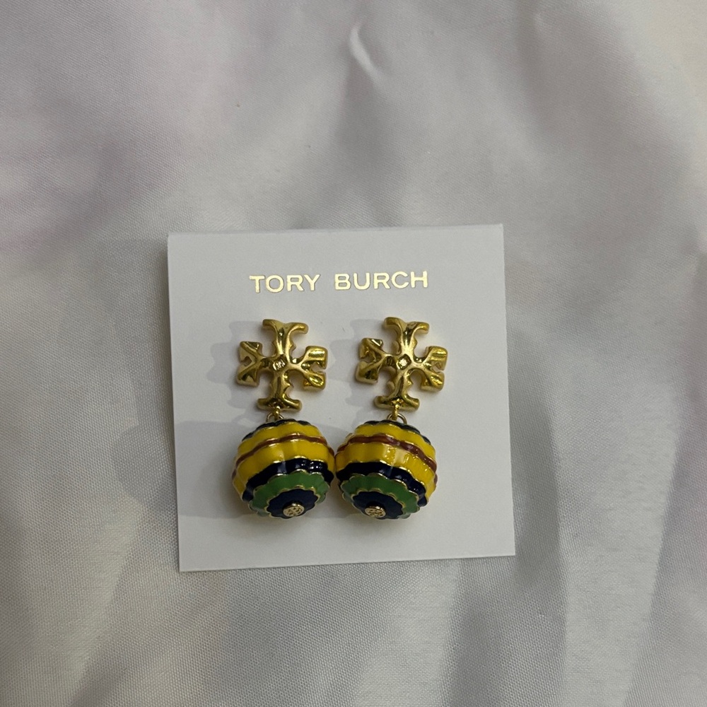 Tory Burch Gold-Trim Yellow, Green & Navy Beaded Drop Earrings